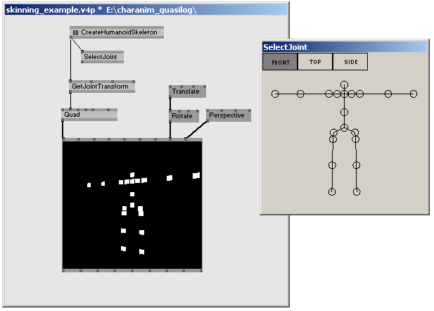 A humanoid skeleton created inside a subpatch. The joint positions in world space are computed by the <code>GetJointTransform (Skeleton)</code> node.