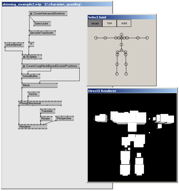 Some fancy 3D geometry dynamically built based on that given skeleton. The computed vertices are passed into a VertexBuffer, which flows into a Phong shader effect.