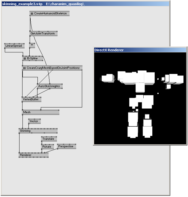 Using the <code>AutoSkinWeights</code> node to automatically determine skin weights for the created geometry. It simply assignes every vertex to its nearest joint, which results in a <em>rigid skinned</em> mesh. Skin weights and bind indices computed by the <code>AutoSkinWeights</code> node flow into the <code>VertexBuffer</code> node (you have to enable those pins in the inspector!)